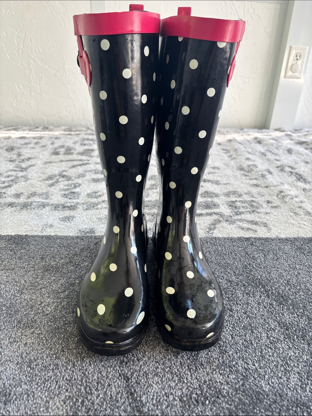 Capelli of New York Black Polka Dot Rain Boots with Pink Trim, worn once.